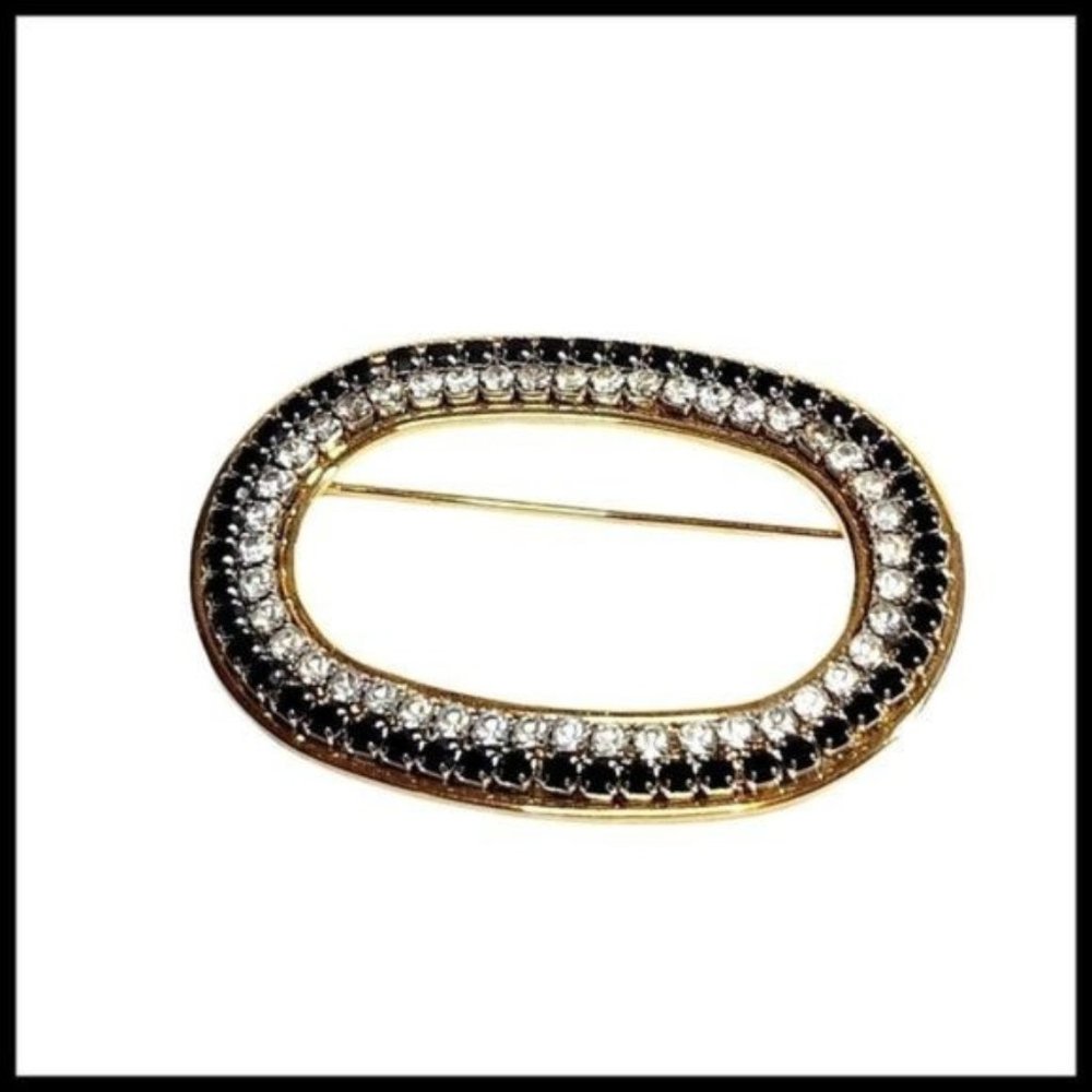 Vintage Oval‎ Rhinestone Black White Gold Tone Brooch Pin